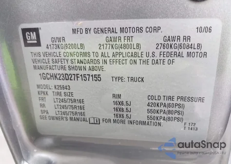 2007 Chevrolet Silverado 2500Hd Classic Lt3 z USA, uszkodzony, nr VIN 1GCHK23D27F157155